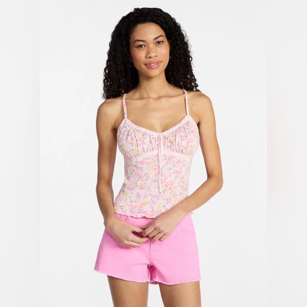 NWT No Boundaries Lace Trim Pink Floral Cami, Women’s XXS